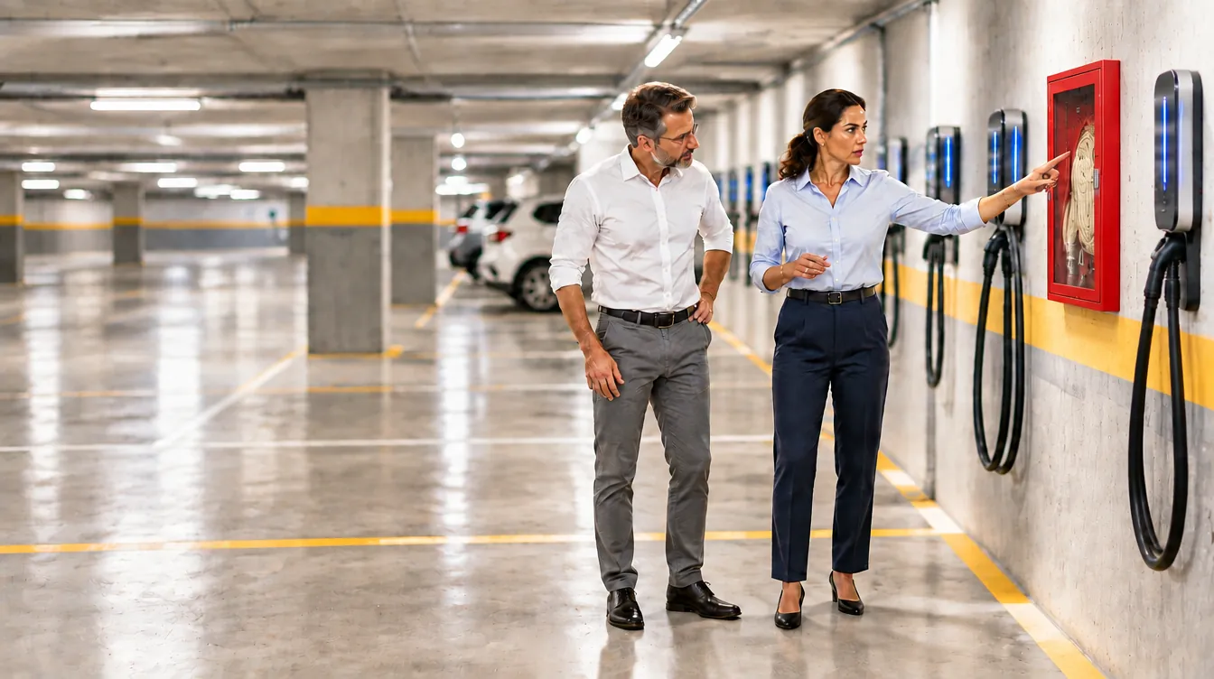 Dos profesionales de Higiene y Seguridad de Estudio TREO revisan los cargadores de autos eléctricos de una cochera