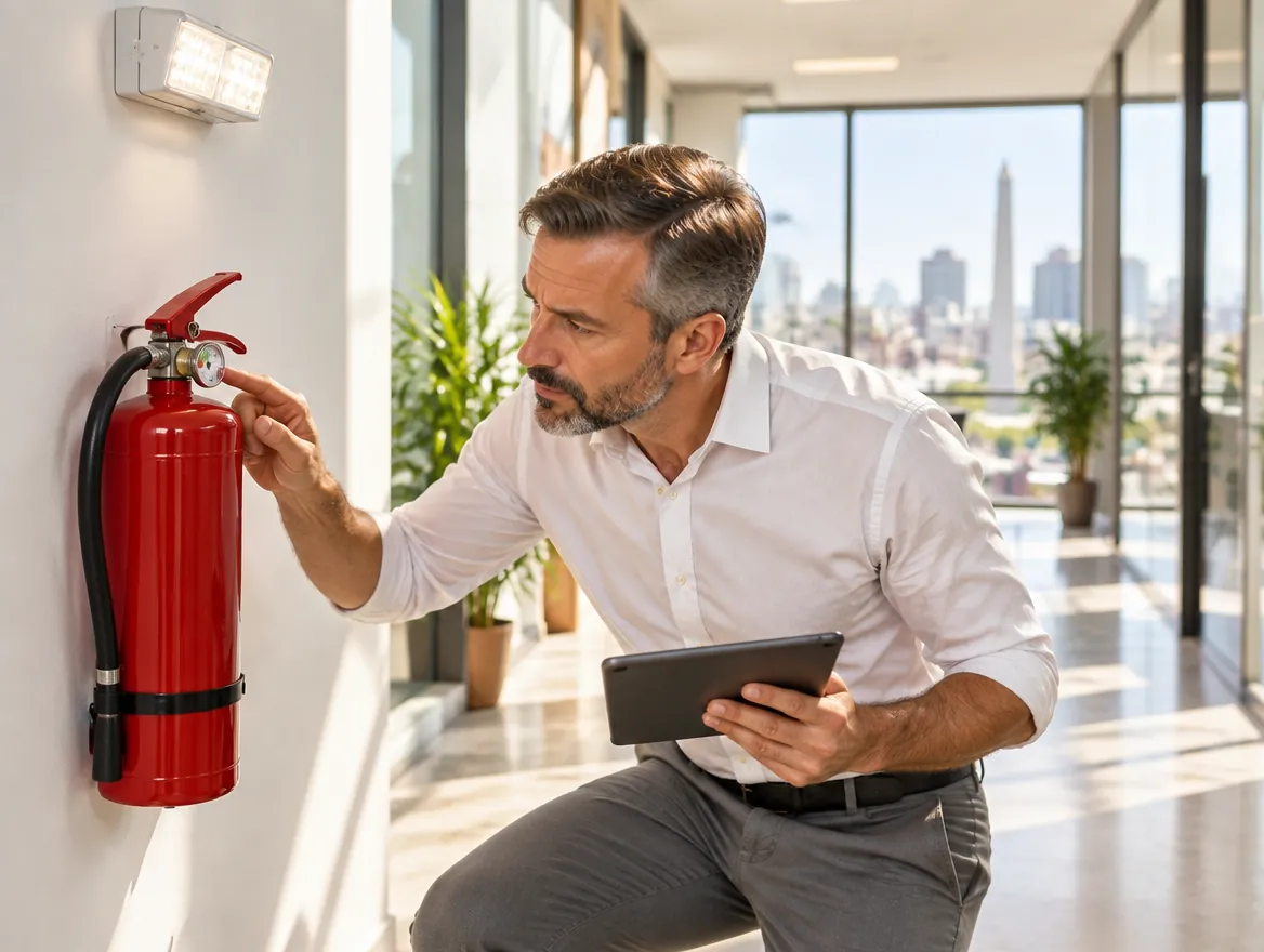 El profesional de Estudio TREO revisa el manómetro de un matafuego en un pasillo, con la lista de control en la tablet